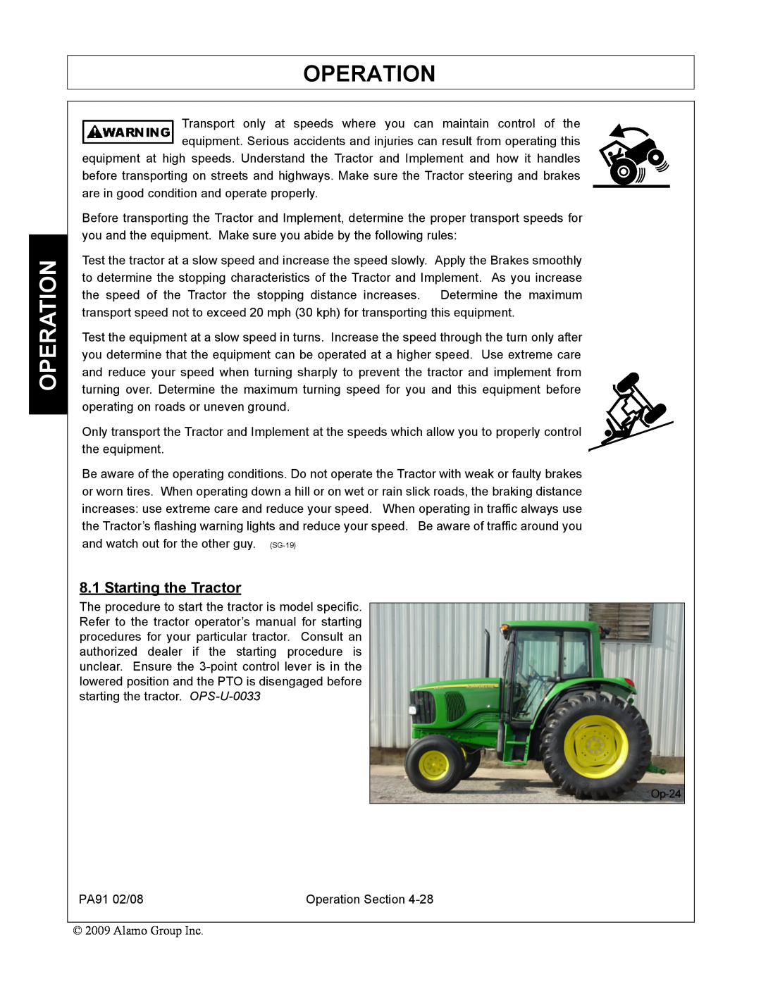 Alamo 7191852C manual Starting the Tractor, Operation 