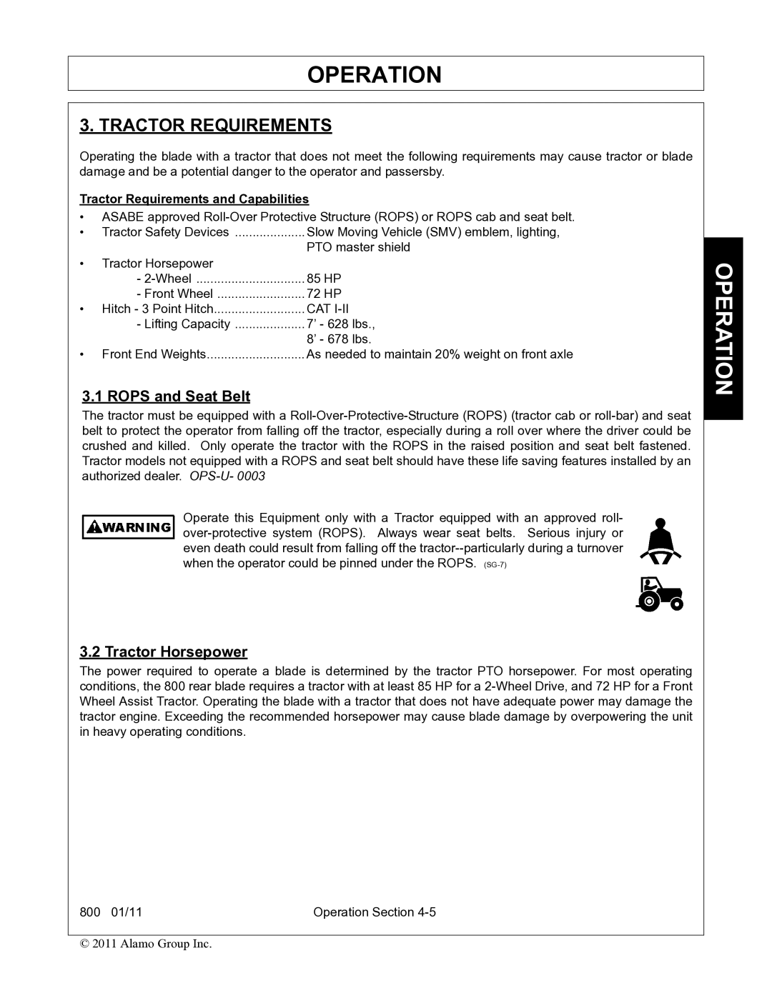 Alamo 800 manual Tractor Requirements, Rops and Seat Belt, Tractor Horsepower 