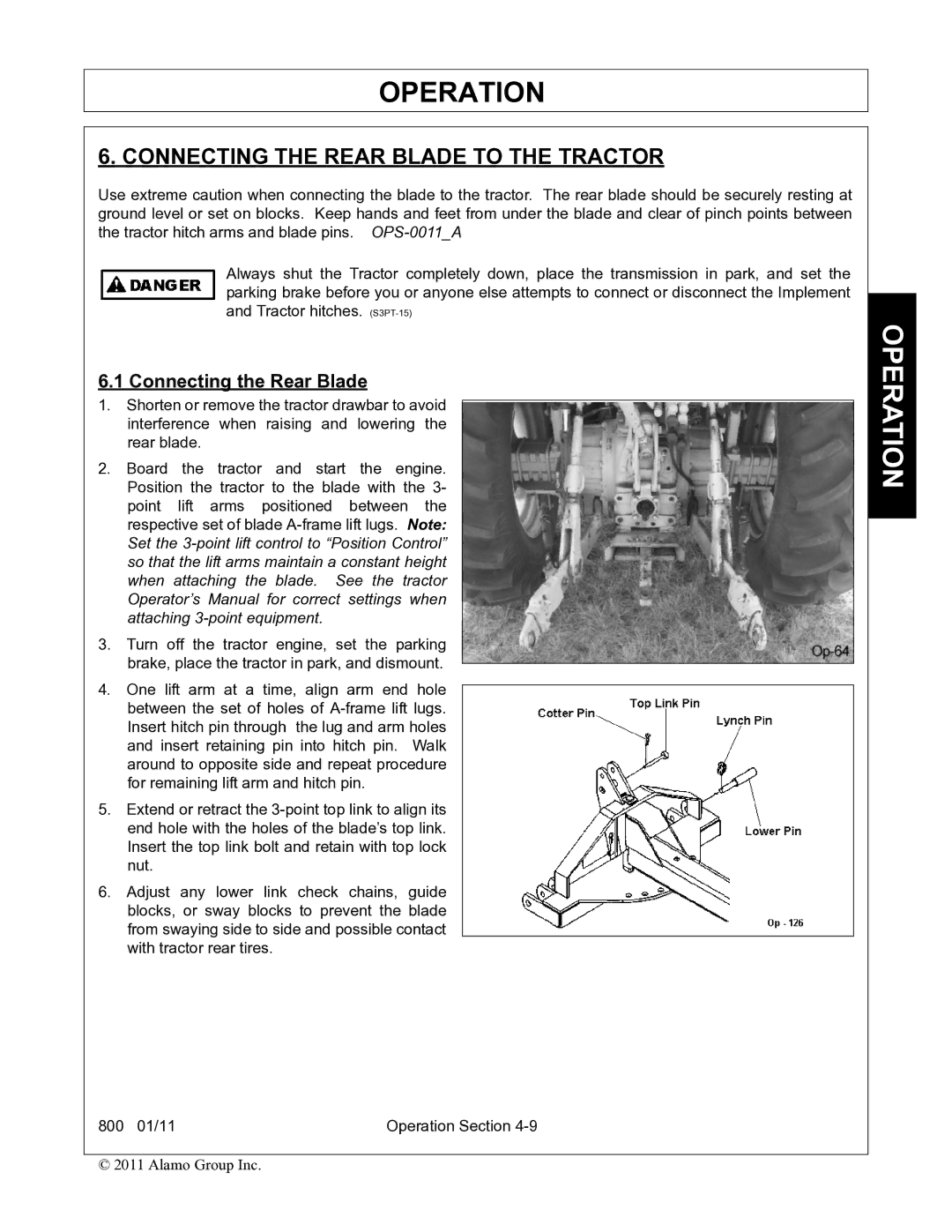 Alamo 800 manual Connecting the Rear Blade to the Tractor 