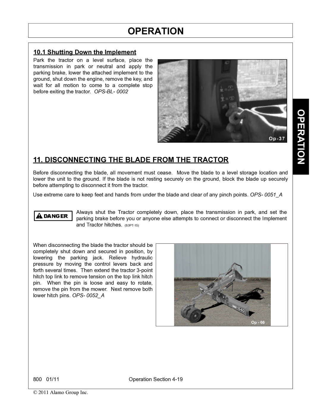 Alamo 800 manual Disconnecting the Blade from the Tractor, Shutting Down the Implement 