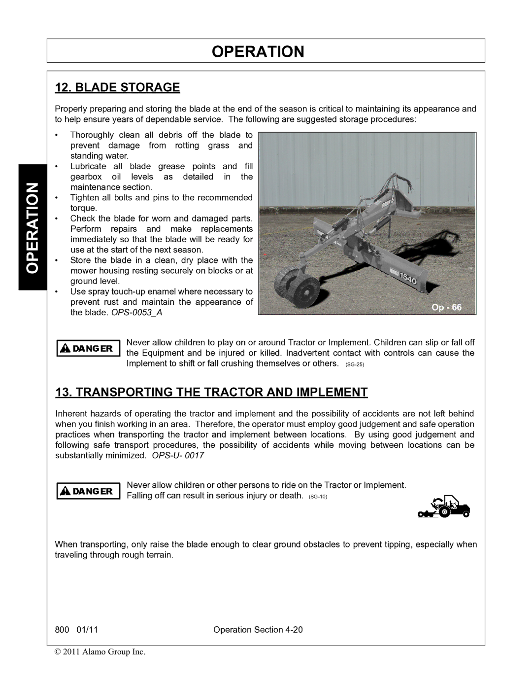 Alamo 800 manual Blade Storage, Transporting the Tractor and Implement 