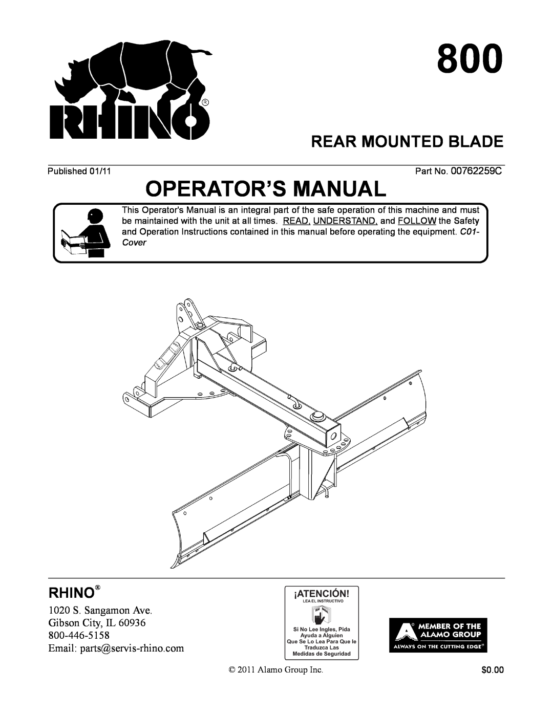 Alamo 800 manual Rear Mounted Blade, Operator’S Manual, Rhino 
