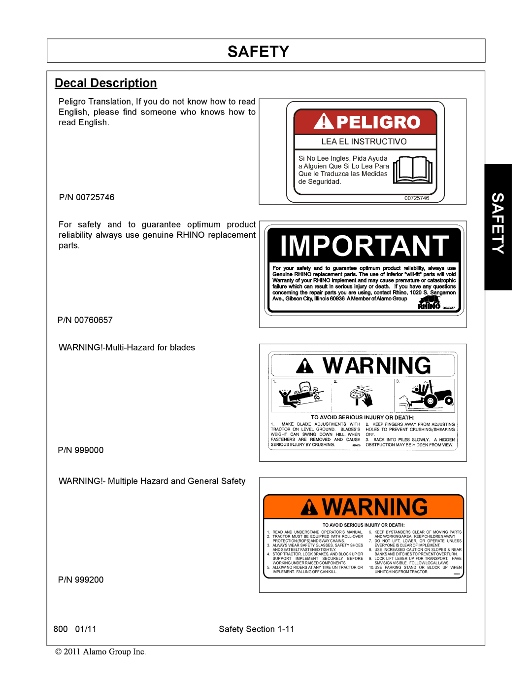 Alamo manual Decal Description, P/N WARNING!-Multi-Hazardfor blades P/N, 800 01/11, Safety Section 