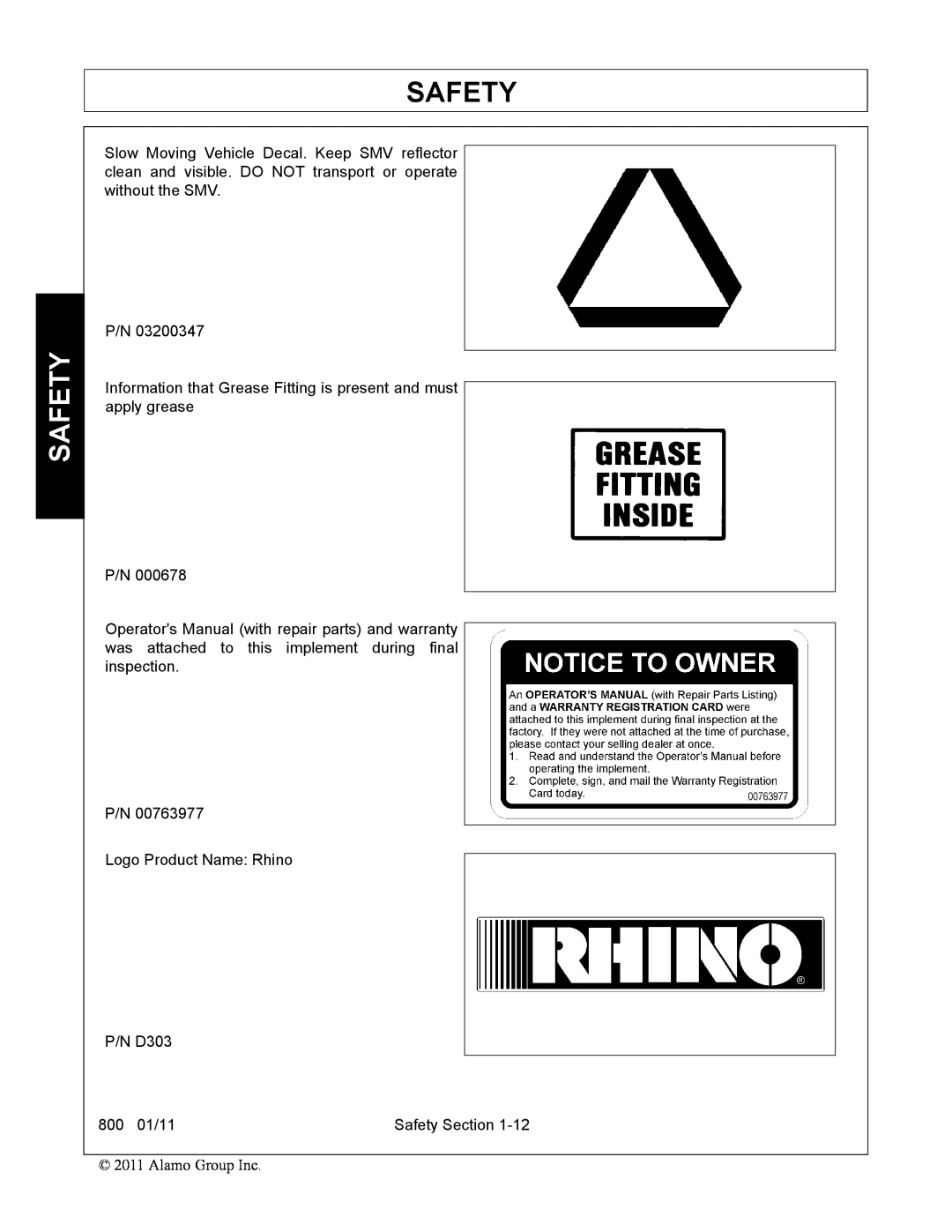 Alamo manual P/N Logo Product Name Rhino P/N D303, 800 01/11, Safety Section 