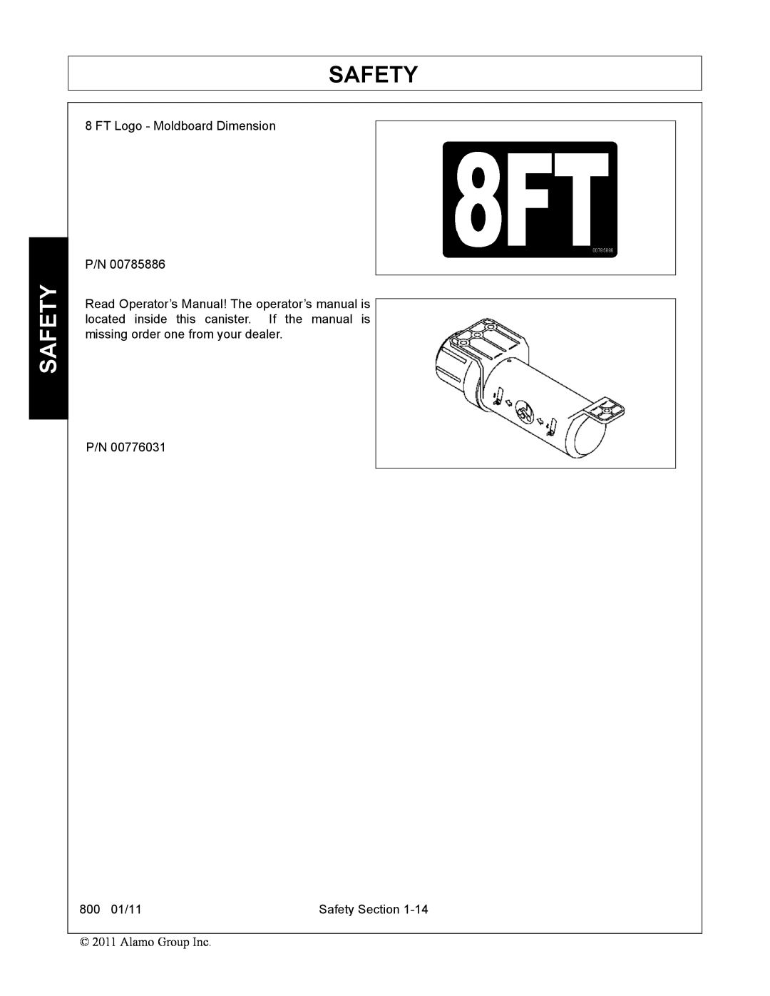 Alamo manual FT Logo - Moldboard Dimension P/N, 800 01/11, Safety Section 