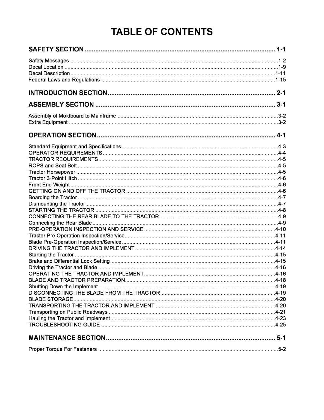 Alamo 800 manual Table Of Contents, Introduction Section, Assembly Section, Operation Section, Maintenance Section 