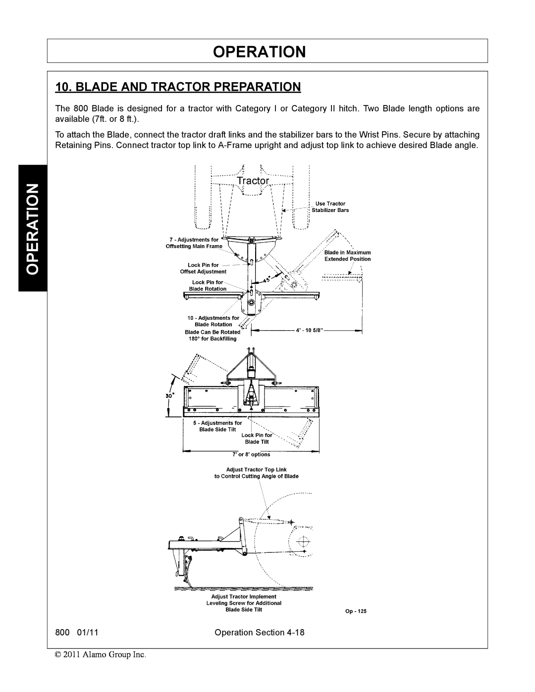 Alamo 800 manual Operation, Blade And Tractor Preparation 