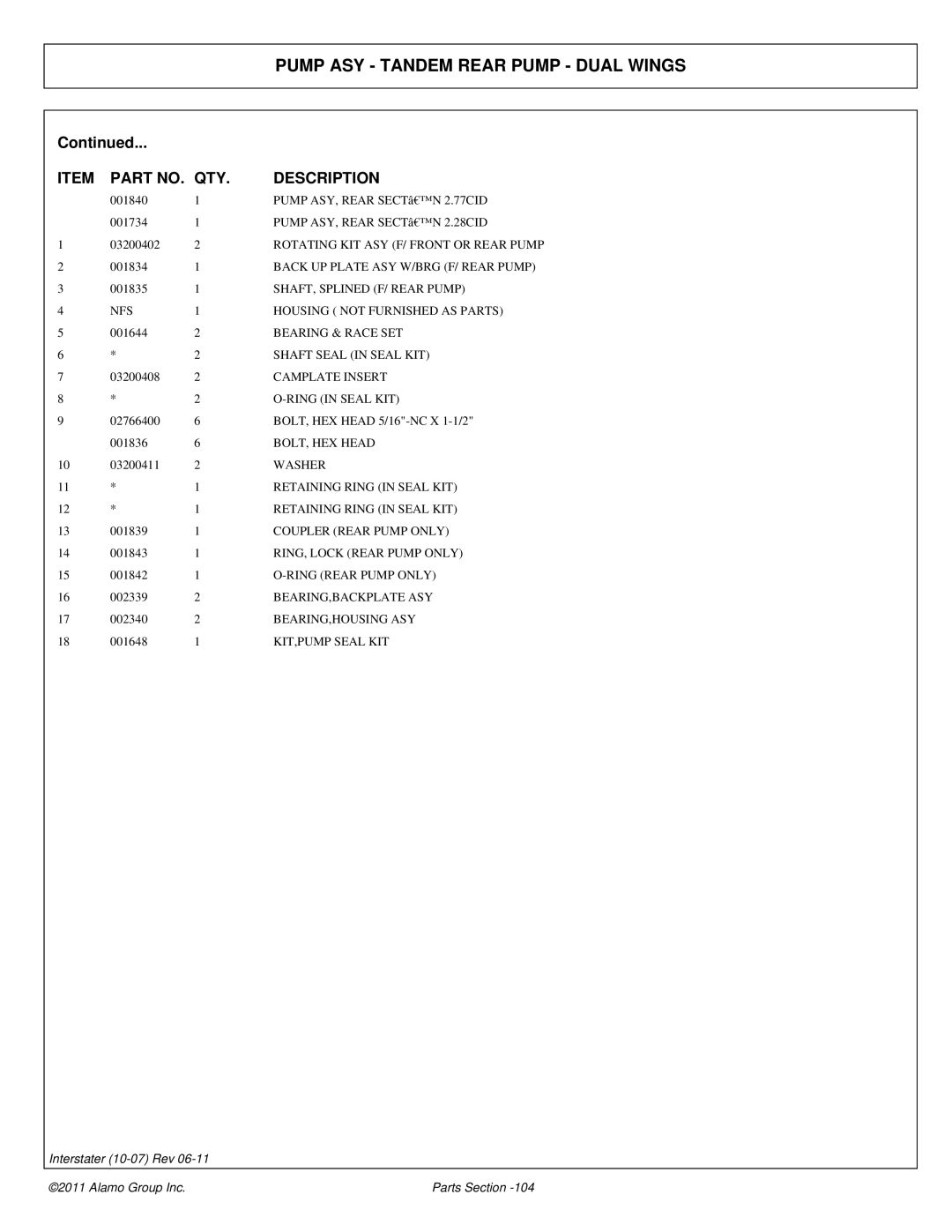 Alamo 803213P manual SHAFT, Splined F/ Rear Pump, Coupler Rear Pump only, RING, Lock Rear Pump only, Ring Rear Pump only 