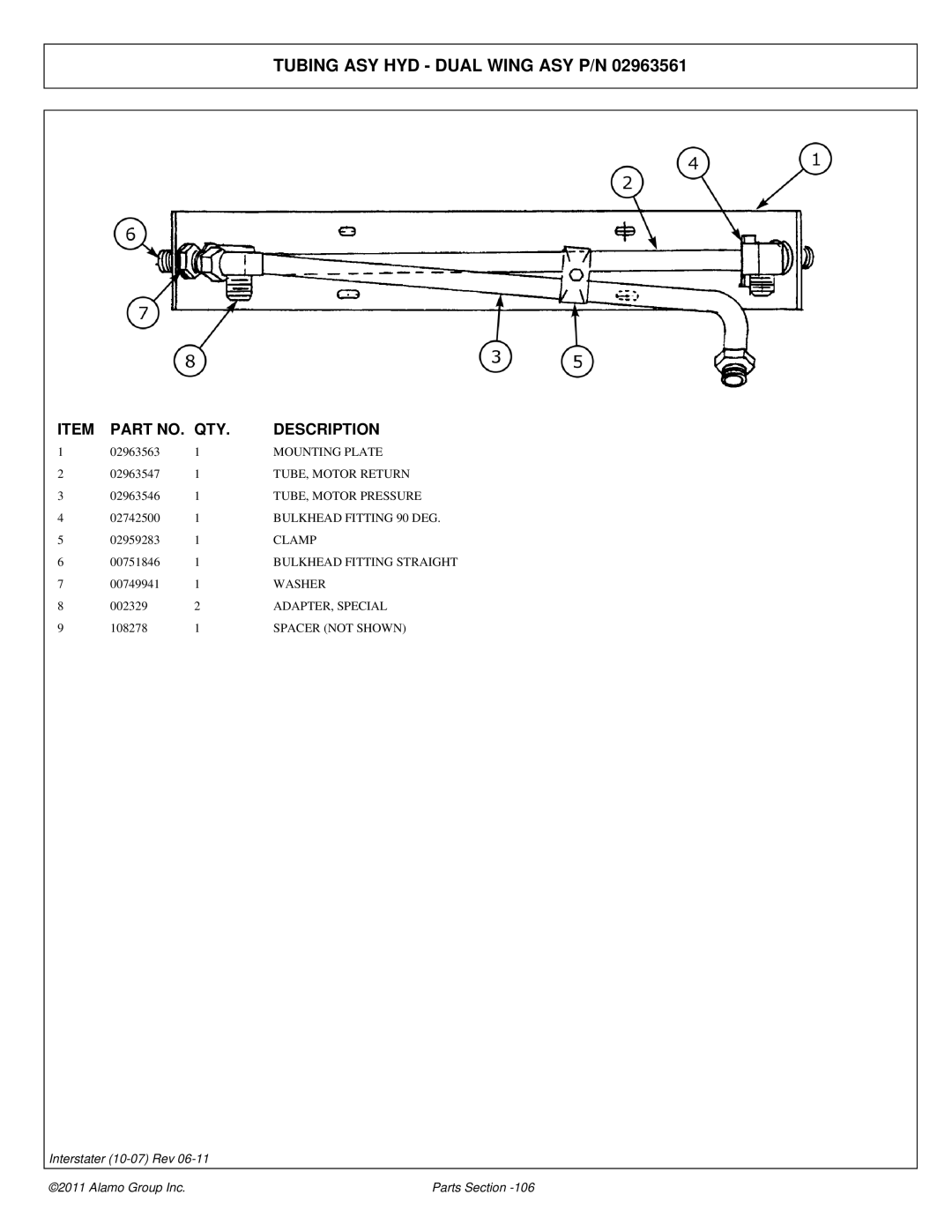 Alamo 803213P manual Tubing ASY HYD Dual Wing ASY P/N, Bulkhead Fitting 90 DEG, Clamp, ADAPTER, Special, Spacer not Shown 