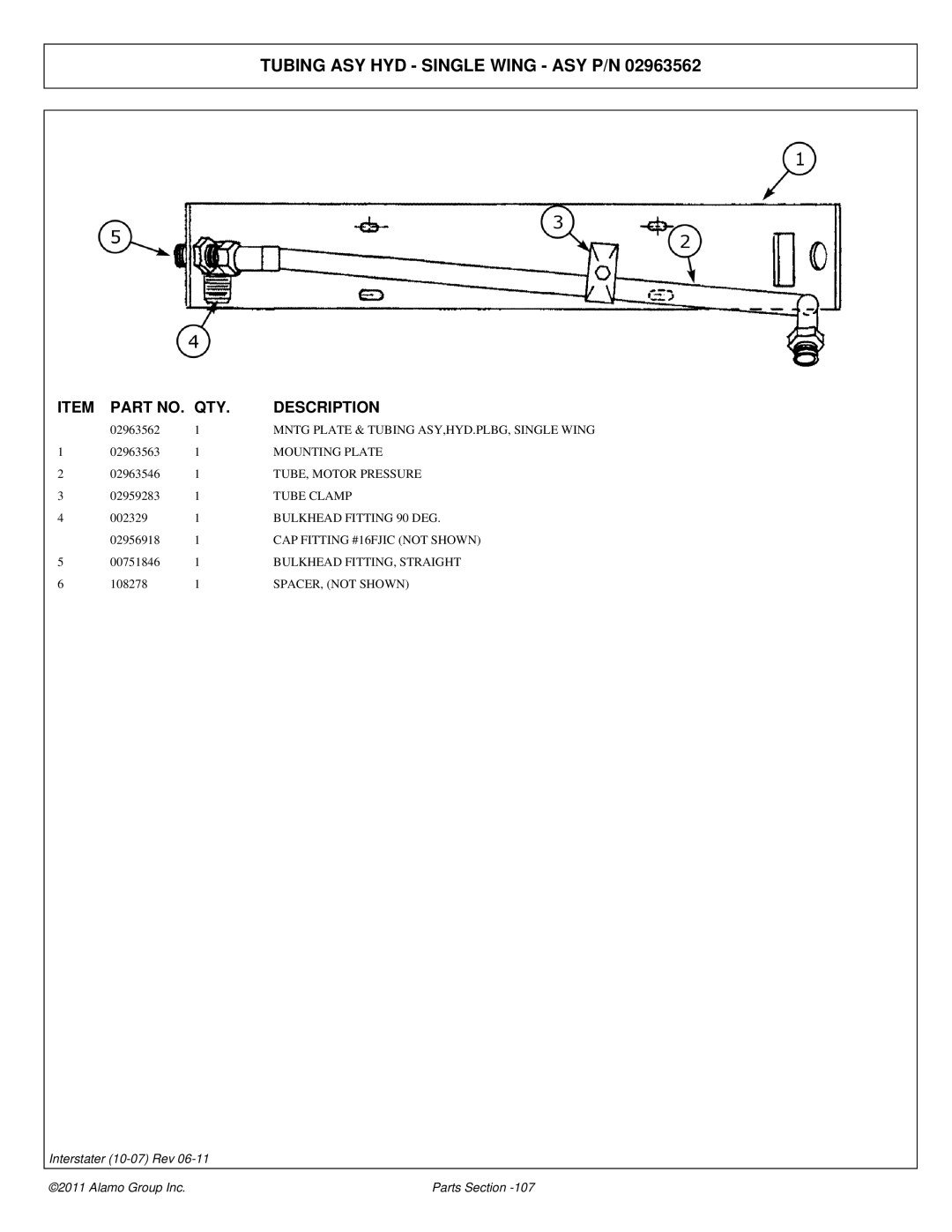 Alamo 803213P manual Tubing ASY HYD Single Wing ASY P/N, CAP Fitting #16FJIC not Shown, Bulkhead FITTING, Straight 