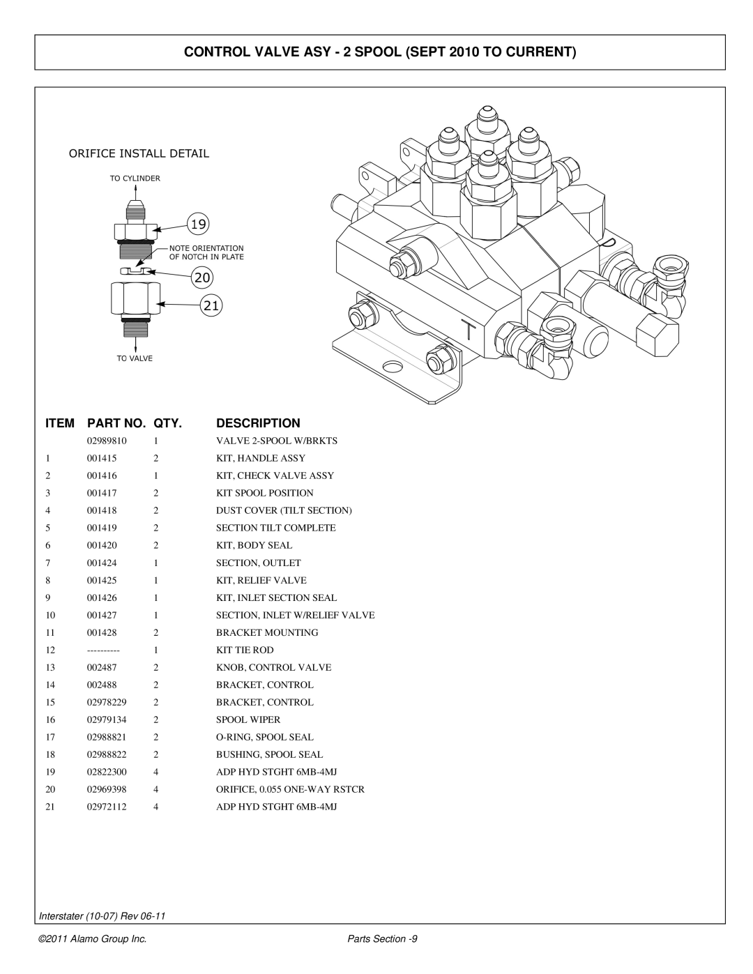 Alamo 803213P manual Control Valve ASY 2 Spool Sept 2010 to Current 