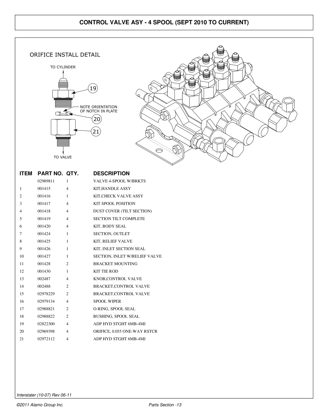 Alamo 803213P manual Control Valve ASY 4 Spool Sept 2010 to Current 