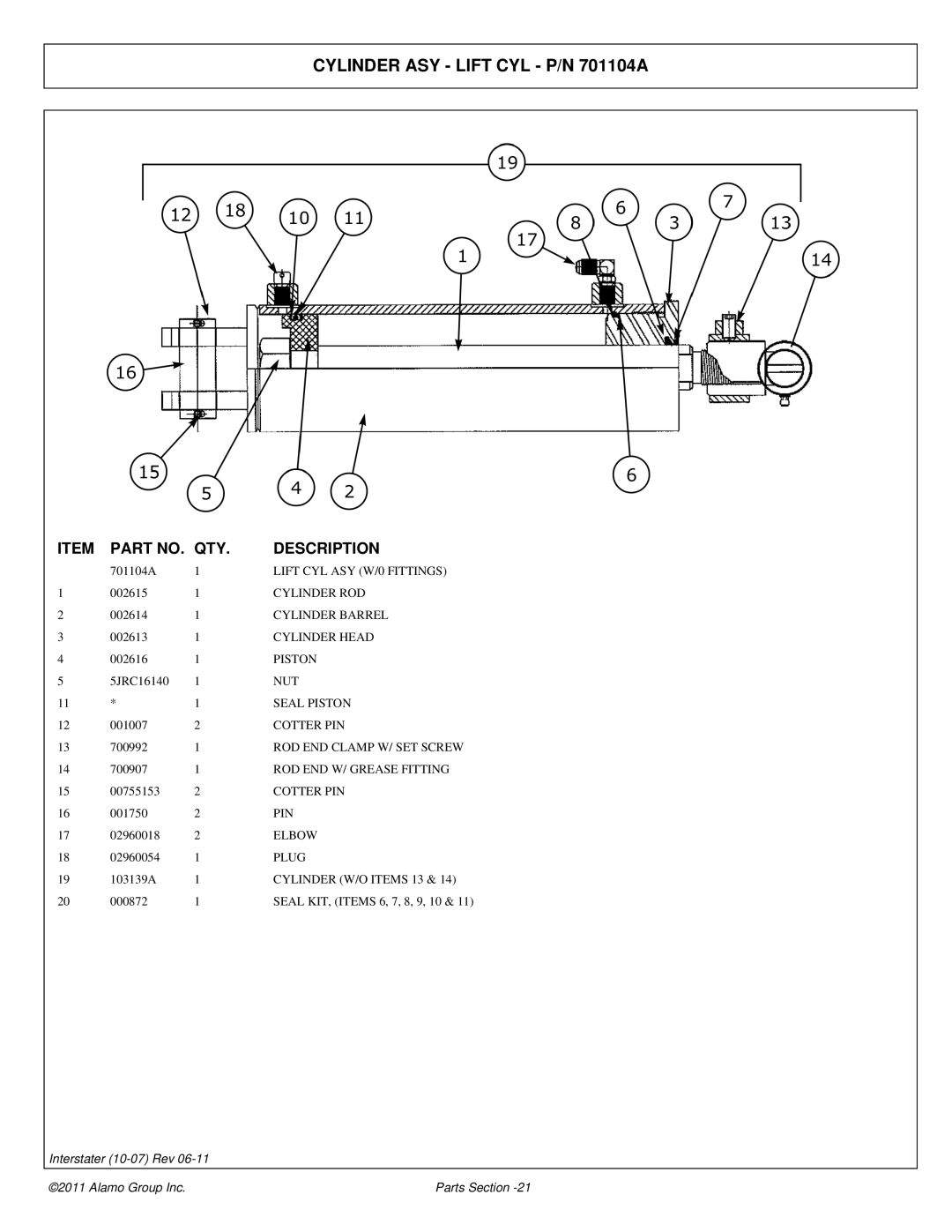 Alamo 803213P manual Cylinder ASY Lift CYL P/N 701104A 