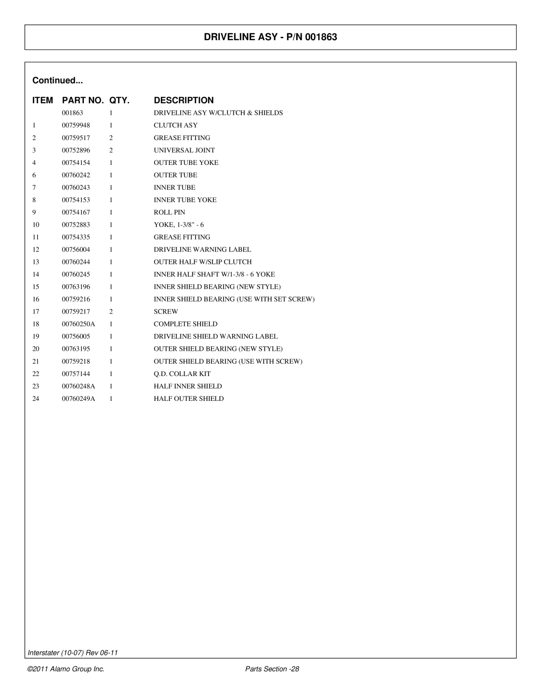 Alamo 803213P Driveline ASY W/CLUTCH & Shields, Clutch ASY, Universal Joint, Outer Tube Yoke, Inner Tube Yoke, Screw 