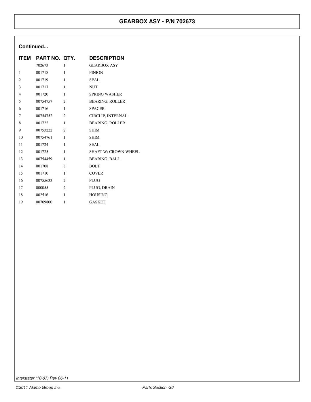 Alamo 803213P Gearbox ASY, Pinion, Seal, Spring Washer, BEARING, Roller, CIRCLIP, Internal, Shim, BEARING, Ball, Cover 