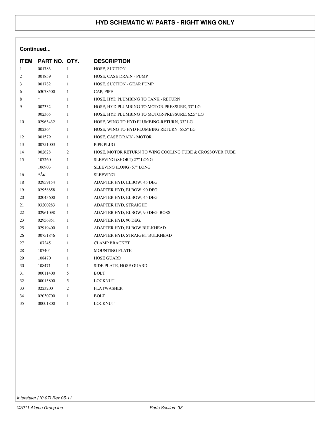 Alamo 803213P manual HOSE, HYD Plumbing to Tank Return, HOSE, HYD Plumbing to MOTOR-PRESSURE, 33 LG, Adapter HYD, Straight 