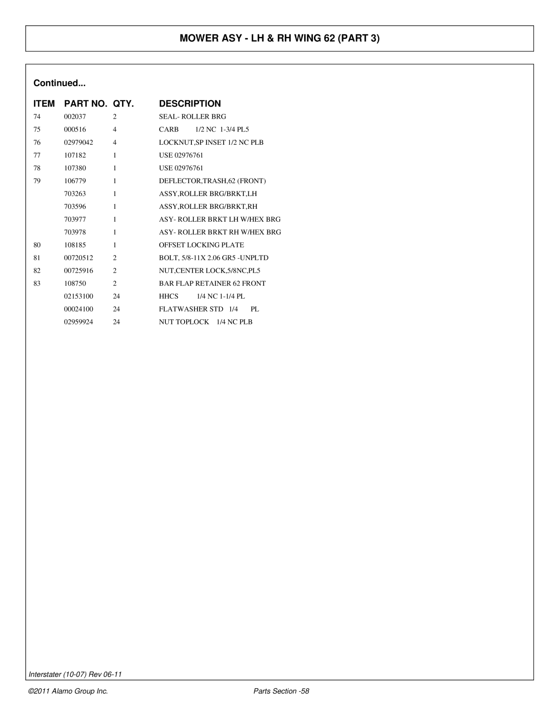 Alamo 803213P LOCKNUT,SP Inset 1/2 NC PLB, DEFLECTOR,TRASH,62 Front, Assy,Roller Brg/Brkt,Lh, Assy,Roller Brg/Brkt,Rh 