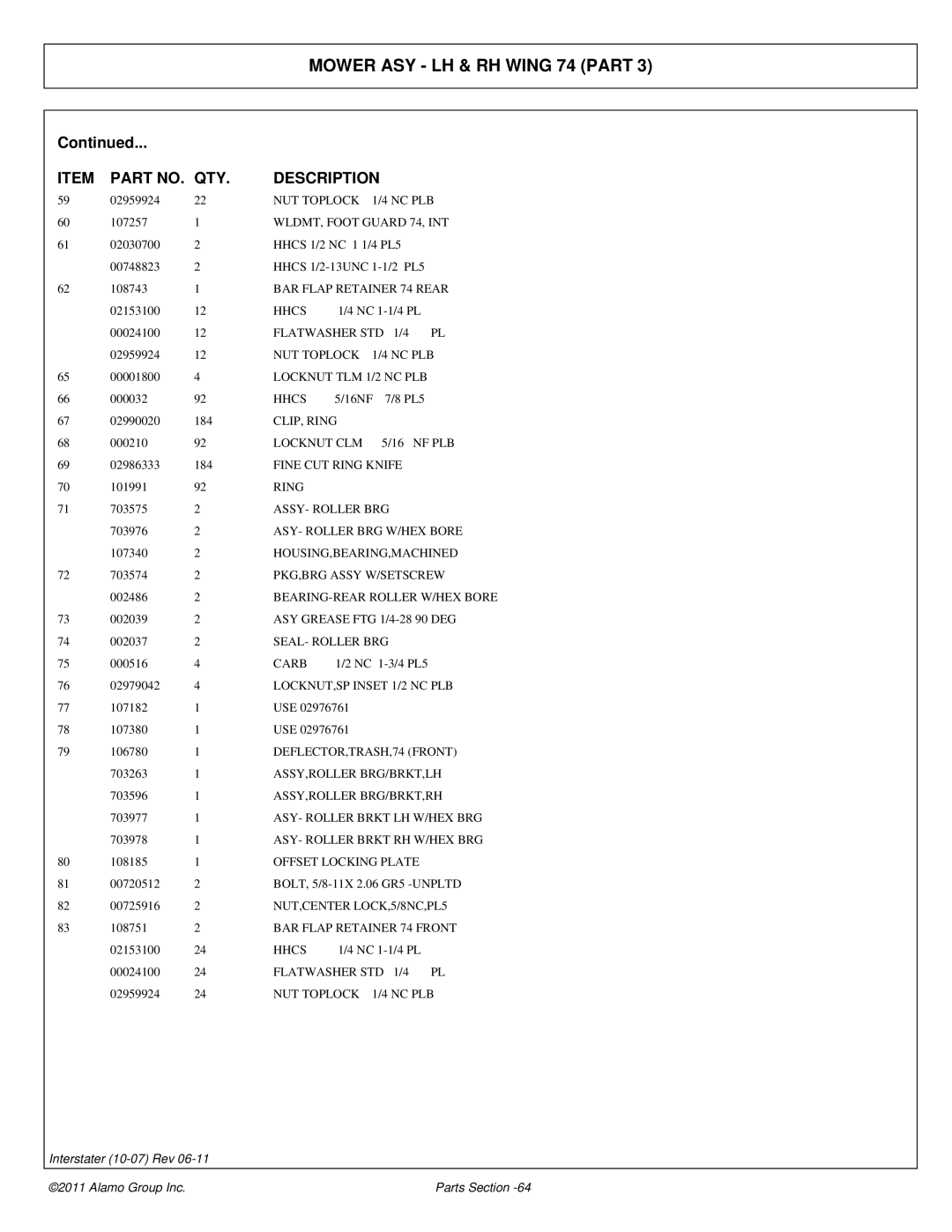 Alamo 803213P manual WLDMT, Foot Guard 74, INT, BAR Flap Retainer 74 Rear, Locknut CLM NF PLB, DEFLECTOR,TRASH,74 Front 