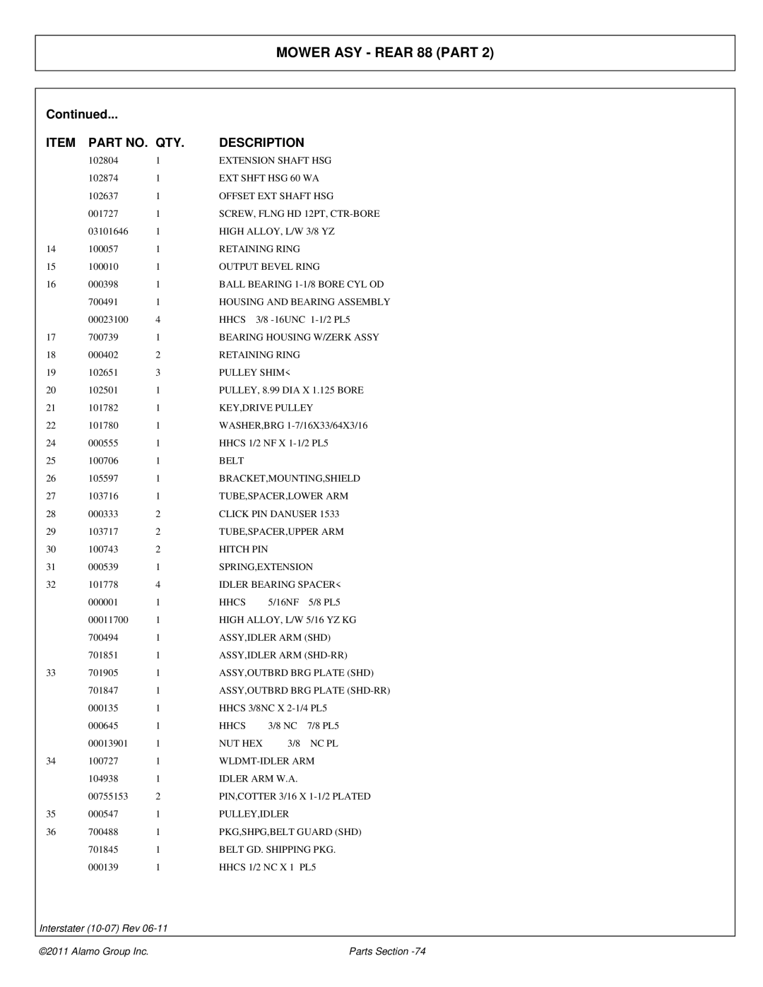 Alamo 803213P EXT Shft HSG 60 WA, Offset EXT Shaft HSG, SCREW, Flng HD 12PT, CTR-BORE, Output Bevel Ring, Pulley Shim 