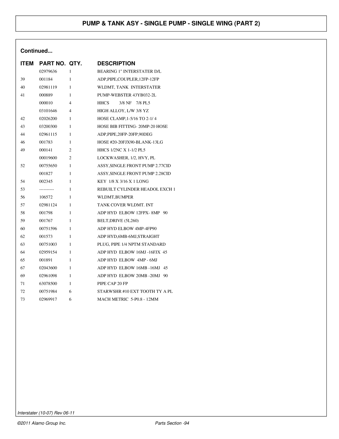 Alamo 803213P manual PUMP-WEBSTER 43YB032-2L, Hose BIB FITTING- 20MP-20 Hose, ADP,PIPE,20FP-20FP,90DEG, Wldmt,Bumper 