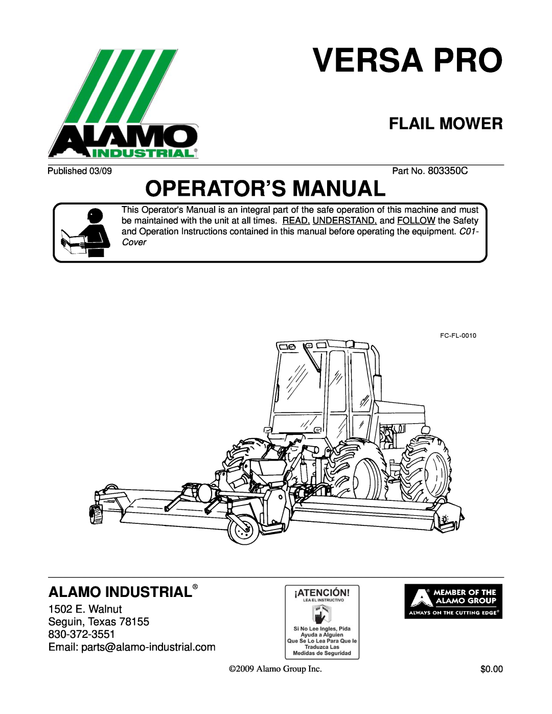 Alamo 803350C manual Versa Pro, Flail Mower, 1502 E. Walnut Seguin, Texas 78155, Email: parts@alamo-industrial.com 