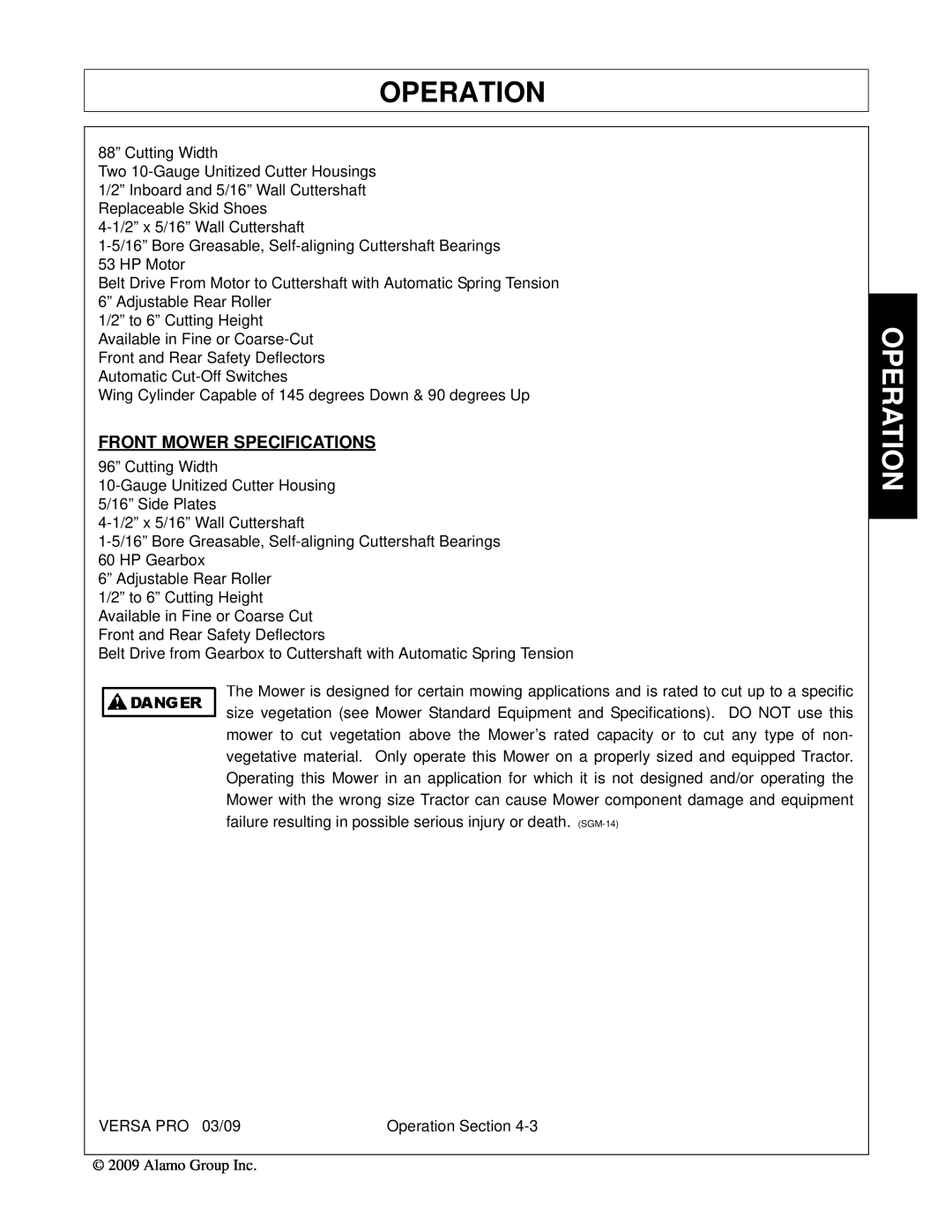 Alamo 803350C manual Operation, Front Mower Specifications 