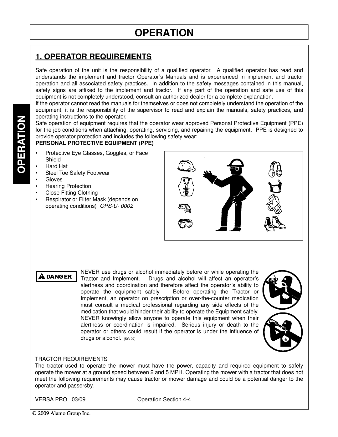 Alamo 803350C manual Operator Requirements, Operation, Personal Protective Equipment Ppe 