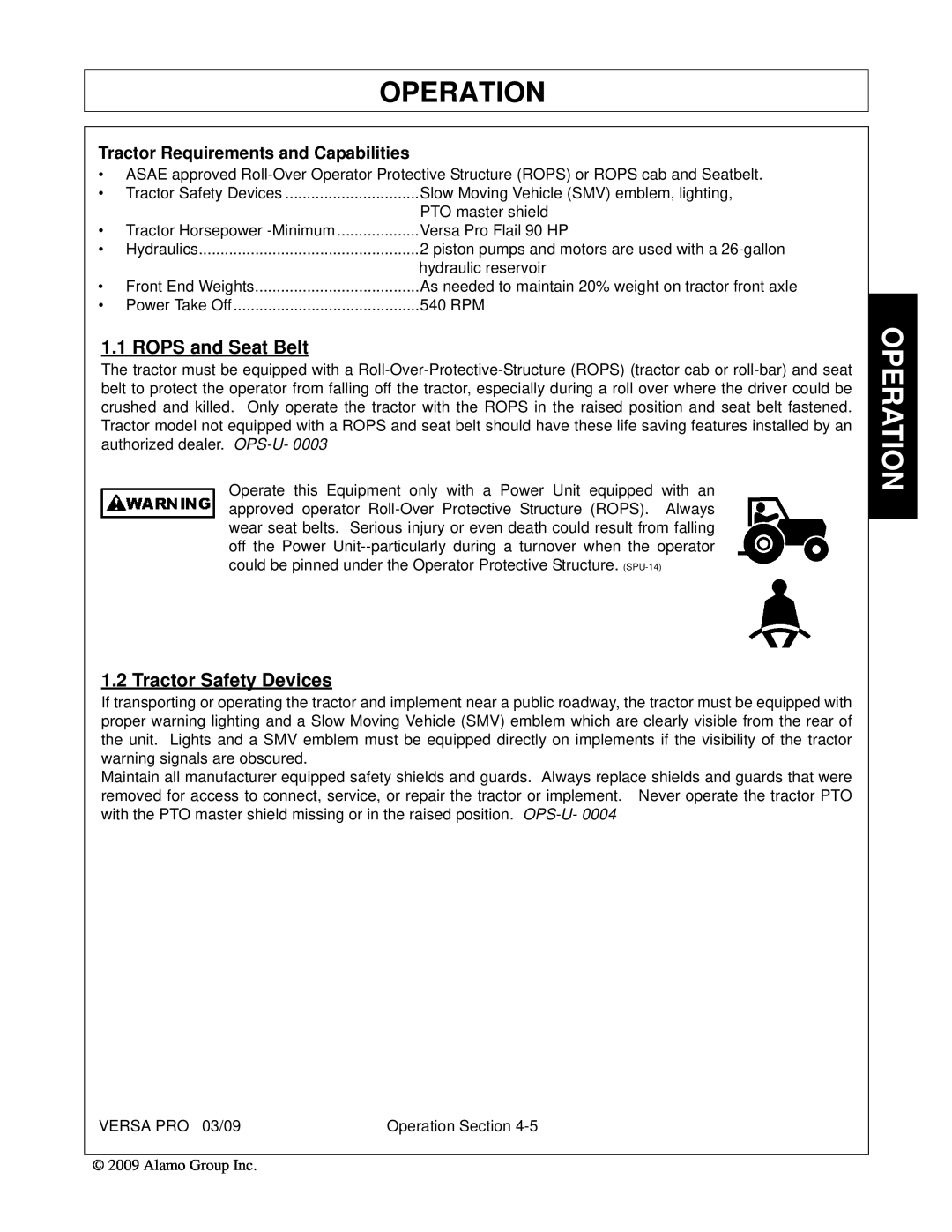 Alamo 803350C manual ROPS and Seat Belt, Tractor Safety Devices, Operation, Tractor Requirements and Capabilities 