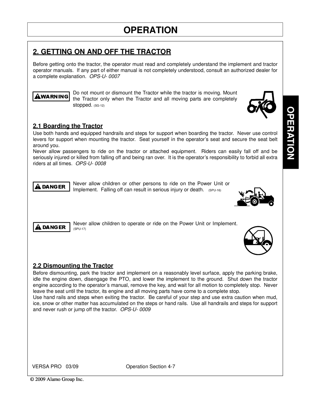 Alamo 803350C manual Getting On And Off The Tractor, Boarding the Tractor, Dismounting the Tractor, Operation 