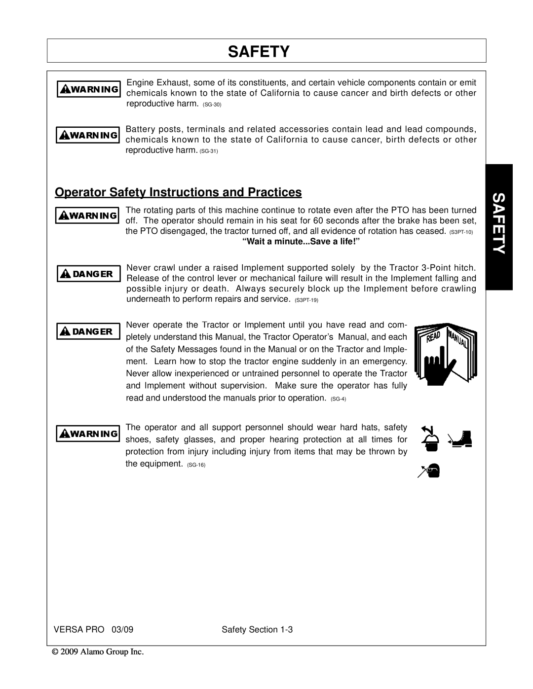 Alamo 803350C manual Operator Safety Instructions and Practices, “Wait a minute...Save a life!” 
