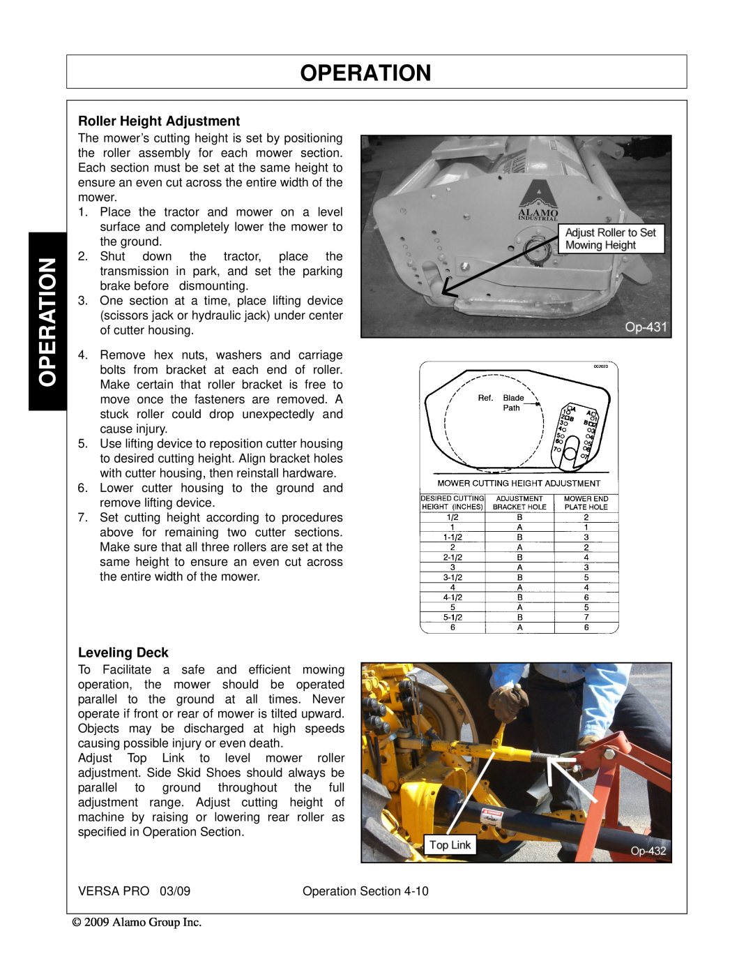 Alamo 803350C manual Operation, Roller Height Adjustment, Leveling Deck 