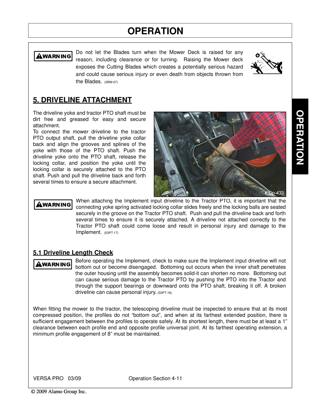 Alamo 803350C manual Driveline Attachment, Driveline Length Check, Operation 