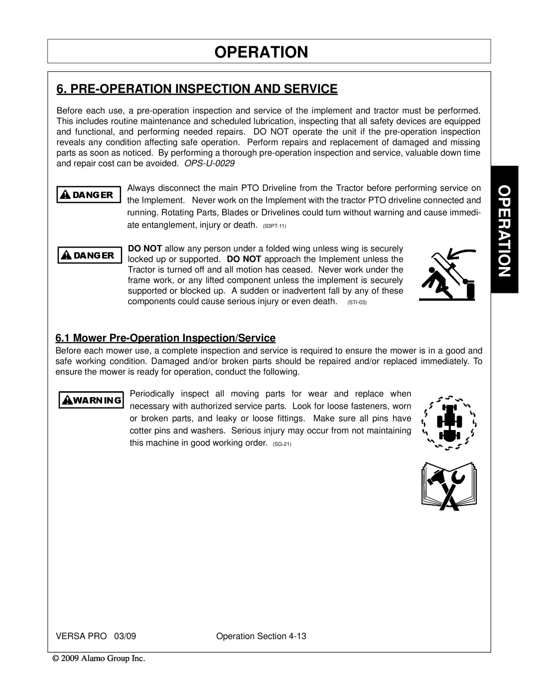 Alamo 803350C manual Pre-Operationinspection And Service, Mower Pre-OperationInspection/Service 