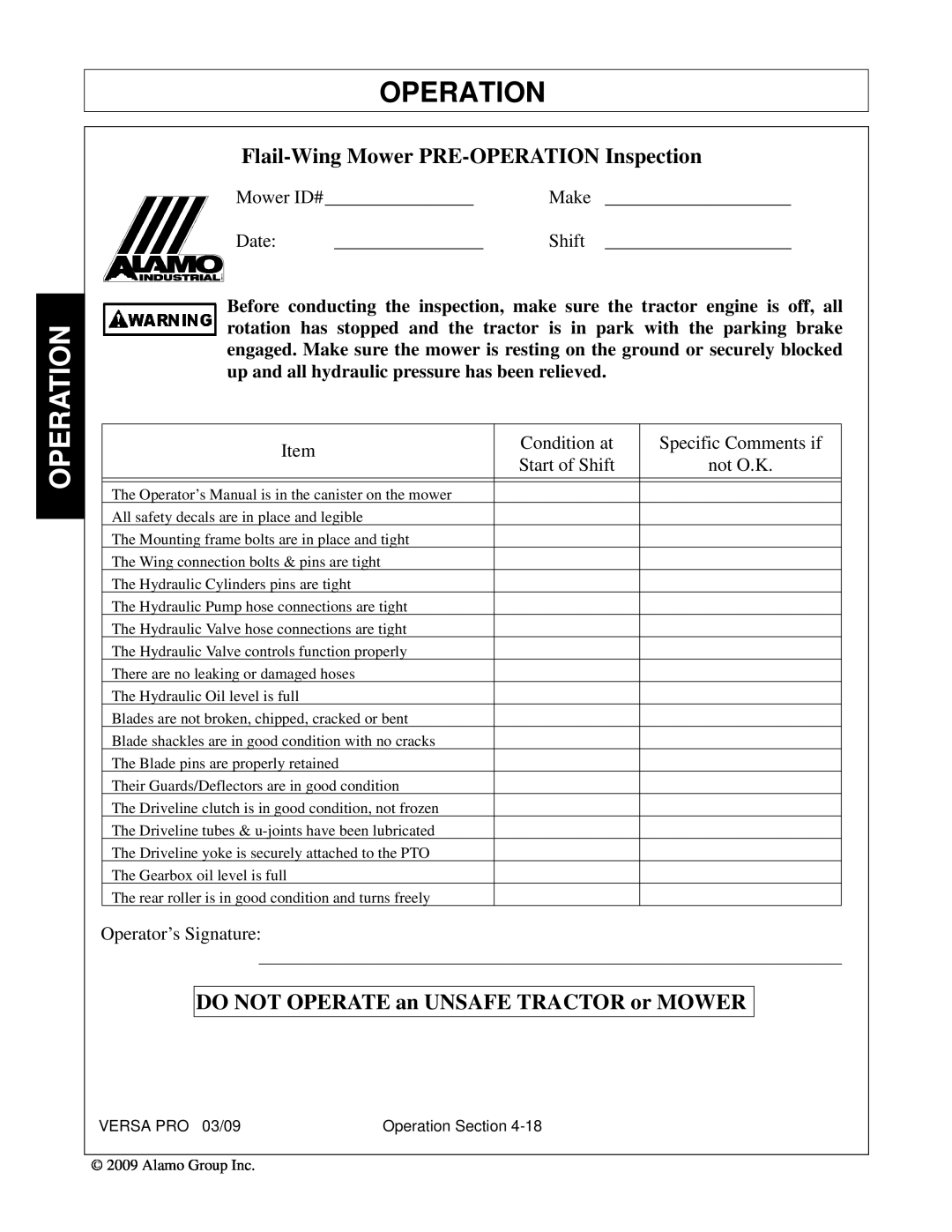 Alamo 803350C manual Flail-WingMower PRE-OPERATIONInspection, DO NOT OPERATE an UNSAFE TRACTOR or MOWER, Operation 