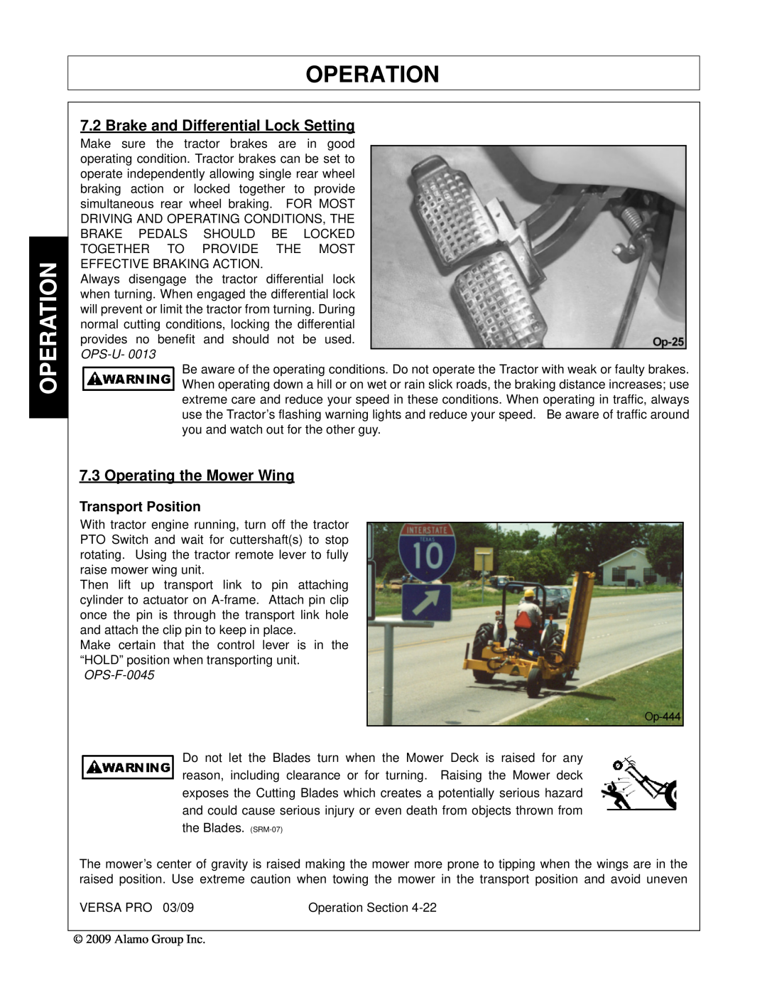Alamo 803350C manual Brake and Differential Lock Setting, Operating the Mower Wing, Operation, Transport Position 
