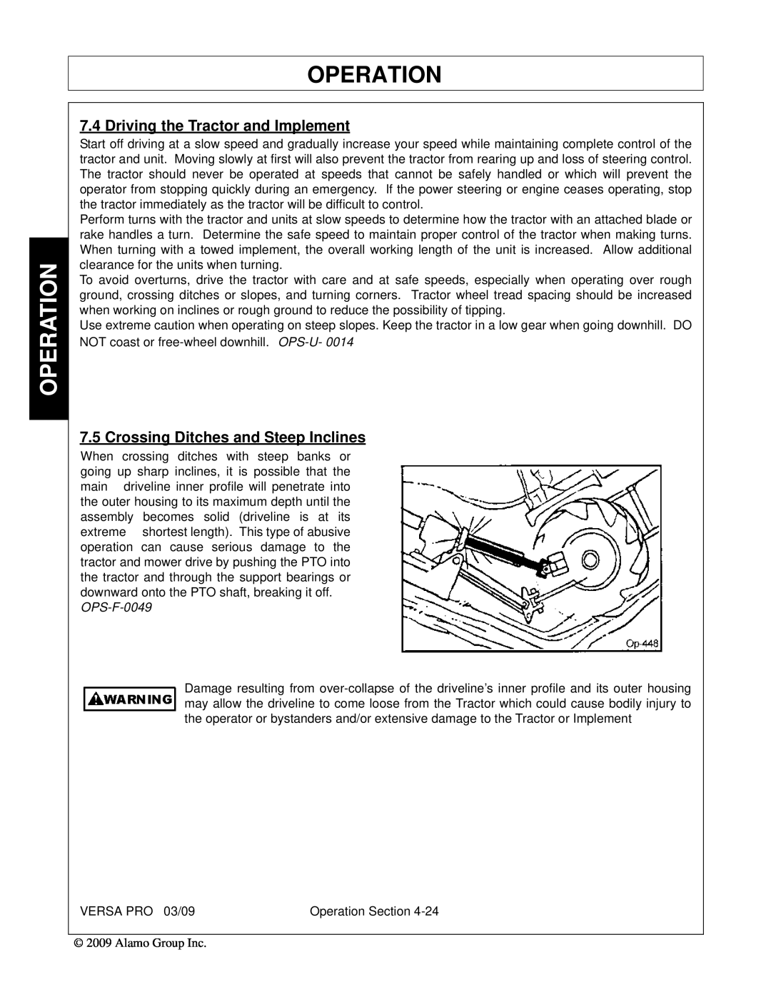 Alamo 803350C manual Driving the Tractor and Implement, Crossing Ditches and Steep Inclines, Operation, OPS-F-0049 