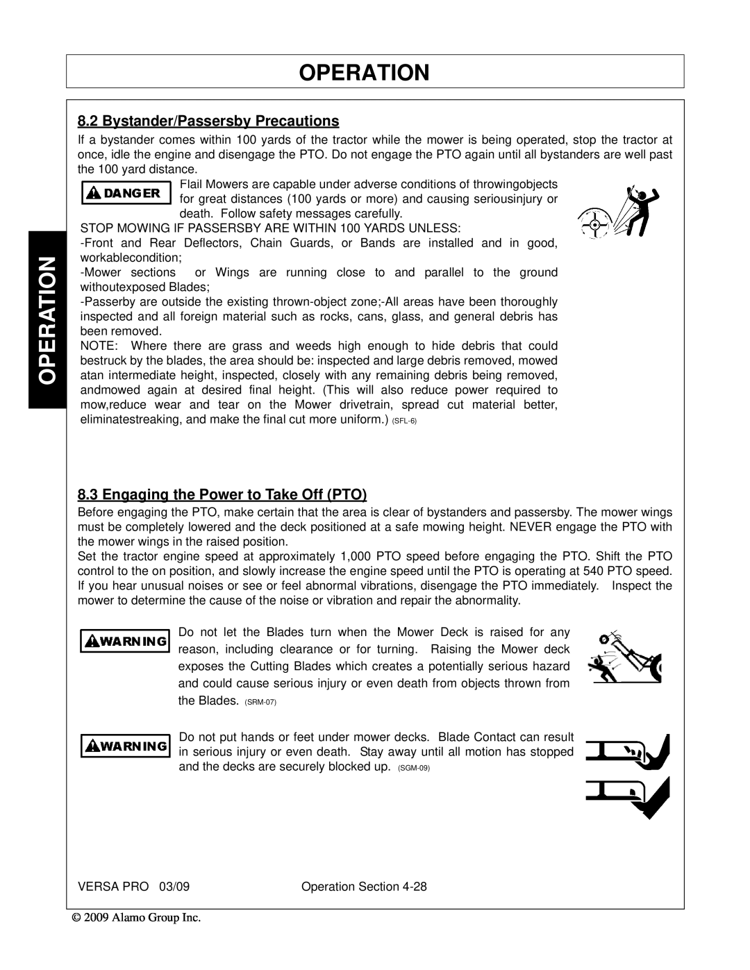 Alamo 803350C manual Bystander/Passersby Precautions, Engaging the Power to Take Off PTO, Operation 