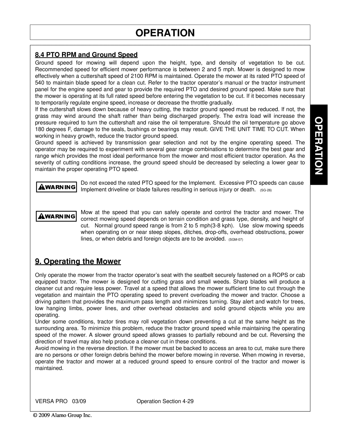 Alamo 803350C manual Operating the Mower, PTO RPM and Ground Speed, Operation 