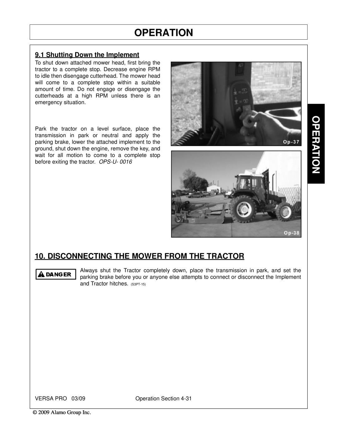 Alamo 803350C manual Disconnecting The Mower From The Tractor, Shutting Down the Implement, Operation 