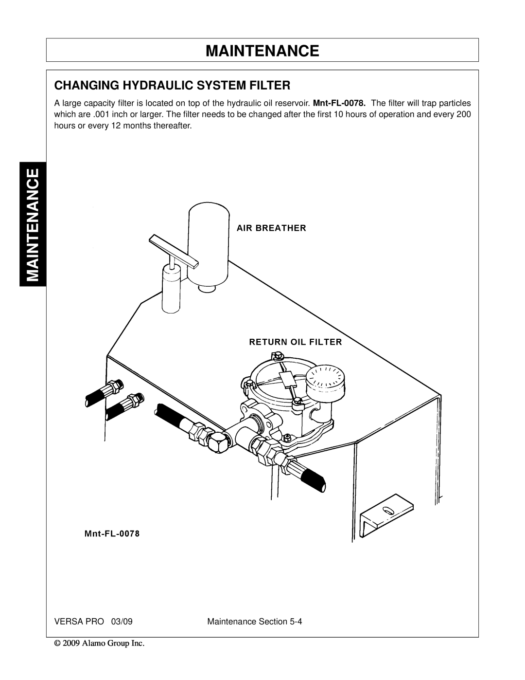 Alamo 803350C manual Changing Hydraulic System Filter, VERSA PRO 03/09, Maintenance Section 