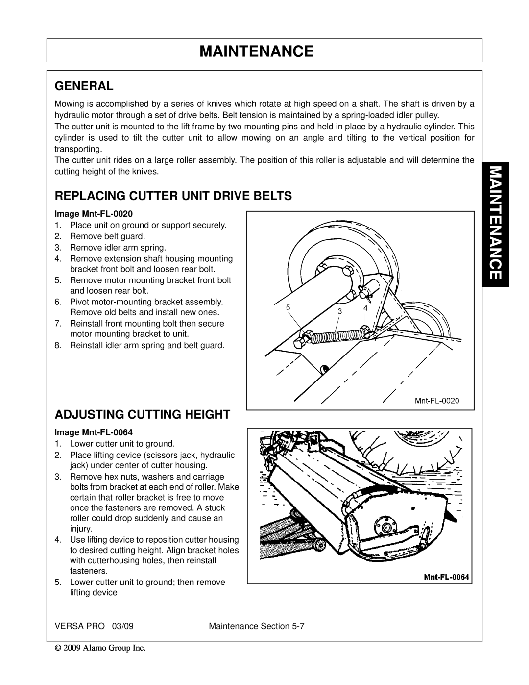 Alamo 803350C manual General, Replacing Cutter Unit Drive Belts, Adjusting Cutting Height, Maintenance, Image Mnt-FL-0020 