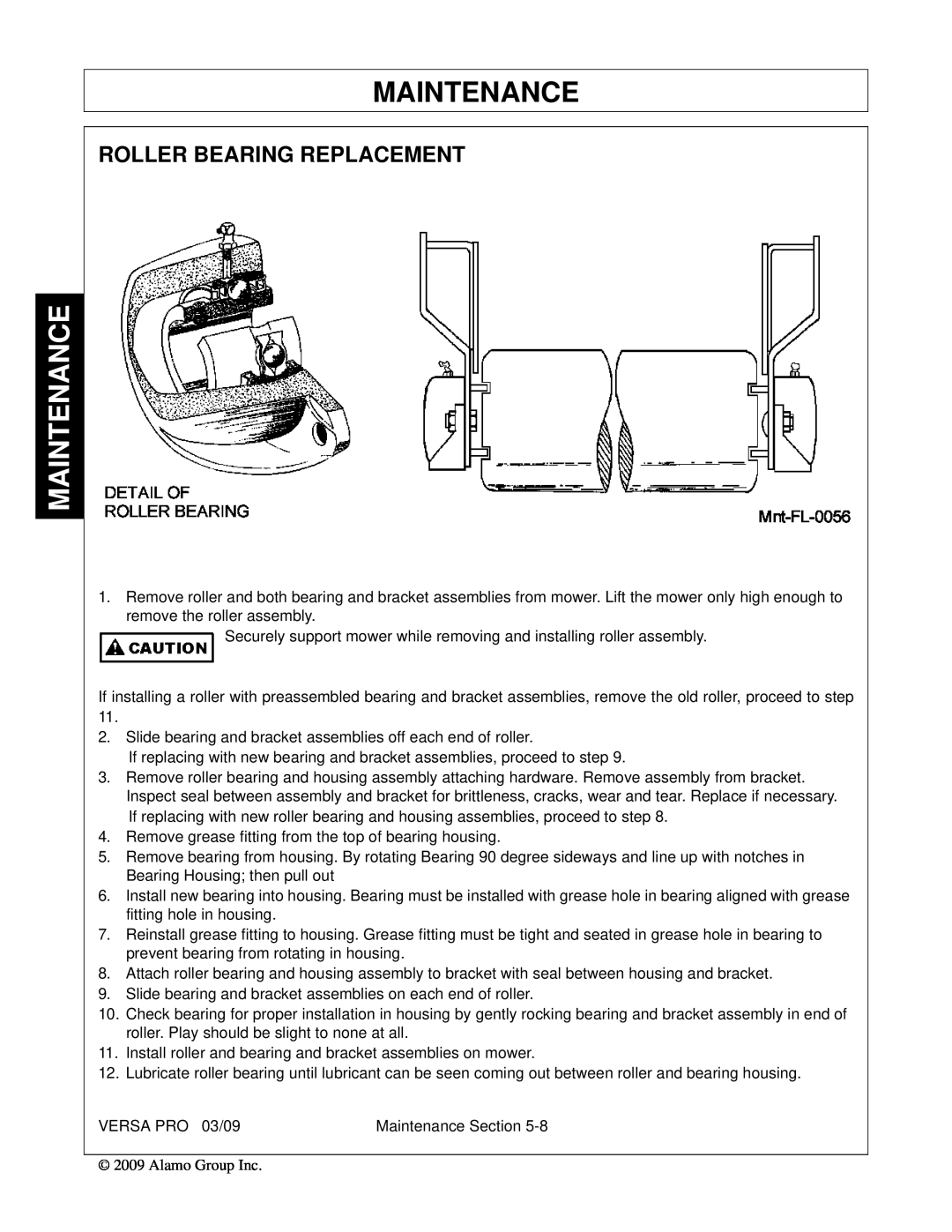 Alamo 803350C manual Roller Bearing Replacement, Maintenance 