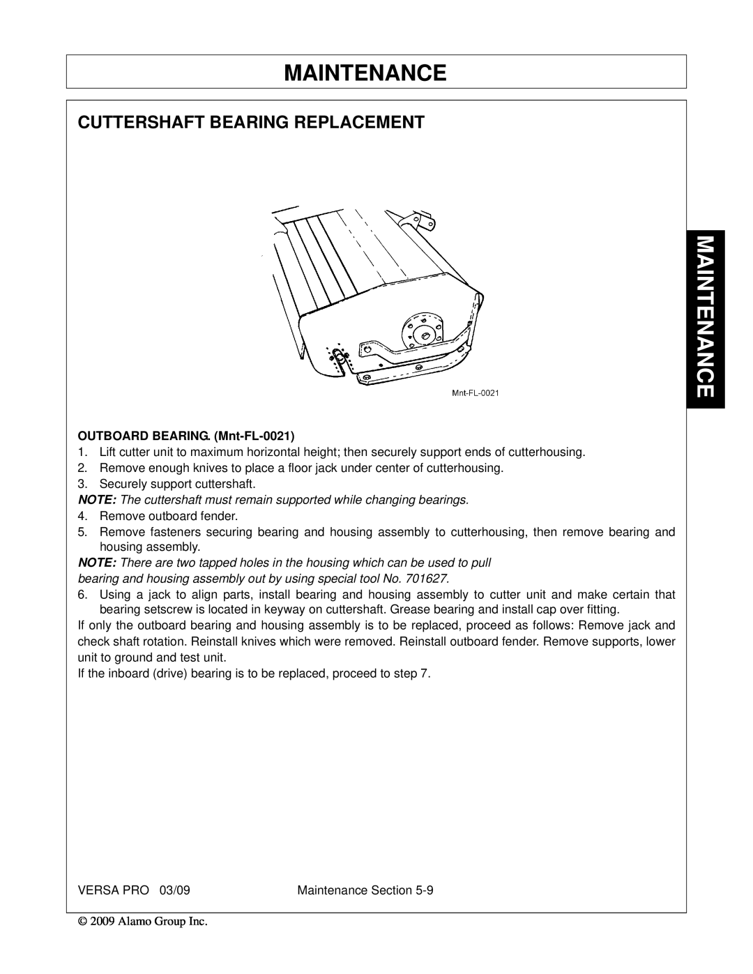 Alamo 803350C manual Cuttershaft Bearing Replacement, Maintenance, OUTBOARD BEARING. Mnt-FL-0021 