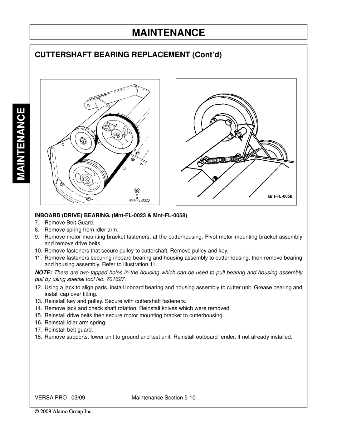 Alamo 803350C manual CUTTERSHAFT BEARING REPLACEMENT Cont’d, Maintenance, INBOARD DRIVE BEARING. Mnt-FL-0023& Mnt-FL-0058 