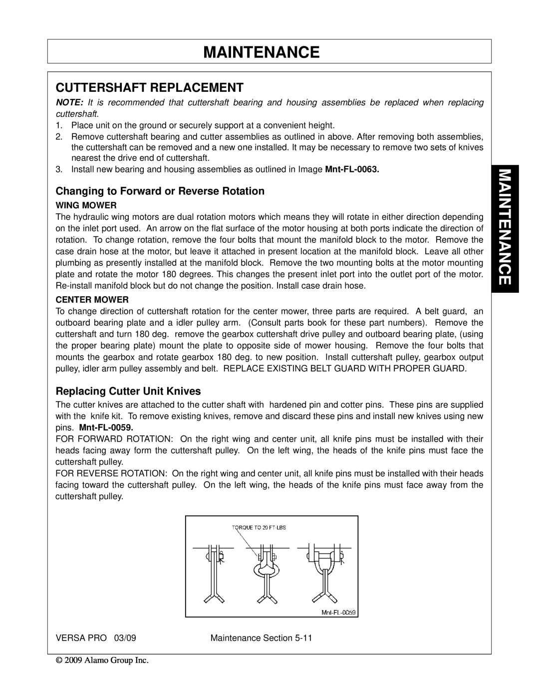 Alamo 803350C Cuttershaft Replacement, Changing to Forward or Reverse Rotation, Replacing Cutter Unit Knives, Maintenance 