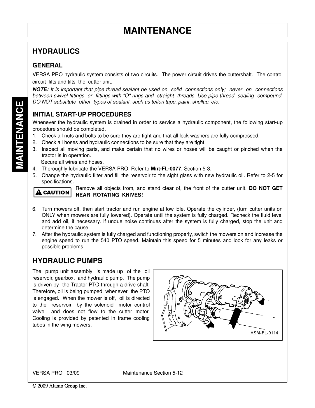 Alamo 803350C manual Hydraulics, Hydraulic Pumps, General, Initial Start-Upprocedures, Maintenance, Near Rotating Knives 