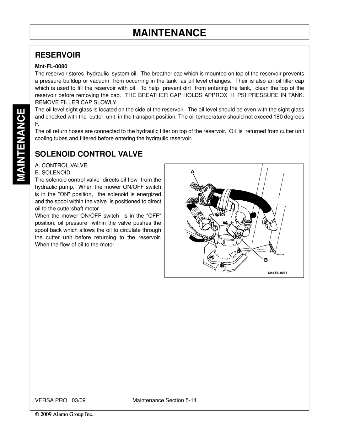 Alamo 803350C manual Reservoir, Solenoid Control Valve, Maintenance, Mnt-FL-0080 