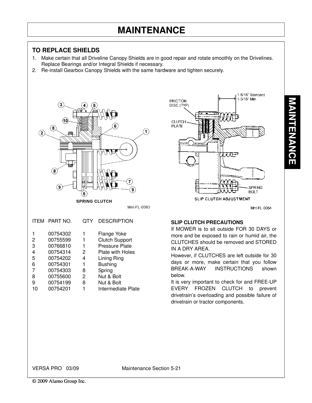 Alamo 803350C manual To Replace Shields, Maintenance, Slip Clutch Precautions 