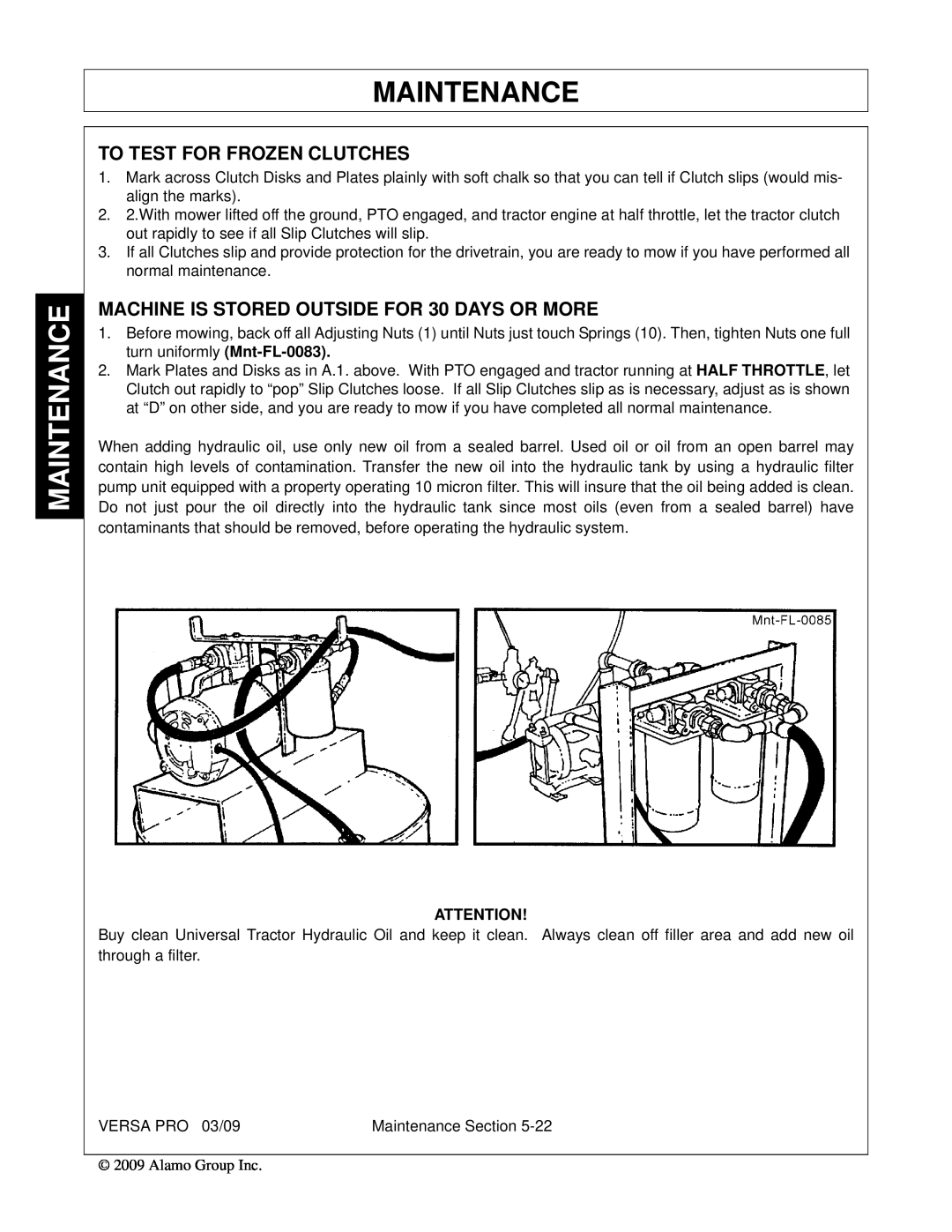 Alamo 803350C manual To Test For Frozen Clutches, MACHINE IS STORED OUTSIDE FOR 30 DAYS OR MORE, Maintenance 