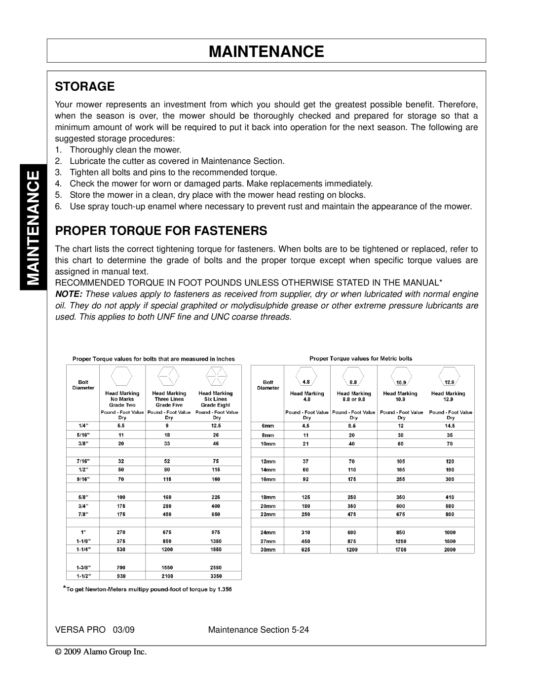 Alamo 803350C manual Storage, Proper Torque For Fasteners, Maintenance 